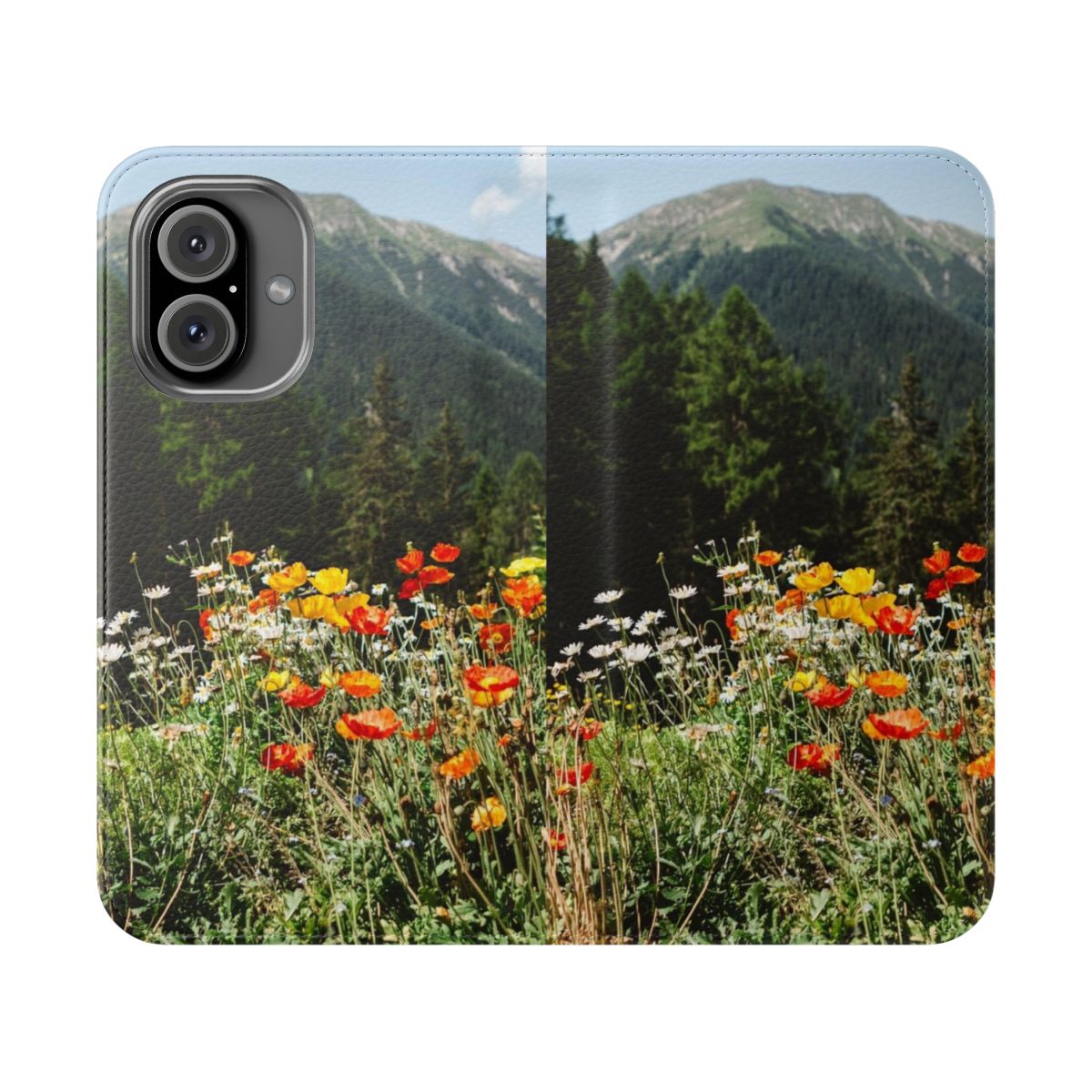 Mountain landscape with wildflowers and forests on a phone case