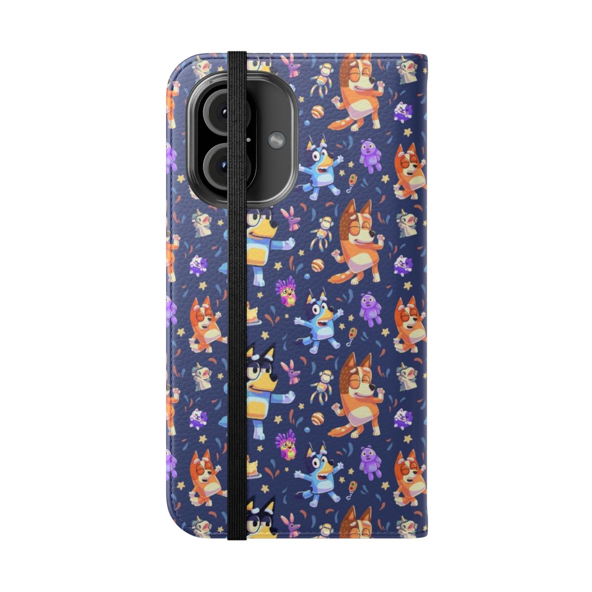 Vibrant blue, red, and white dog-themed flip cover phone case with seamless Bluey pattern - Folded Front