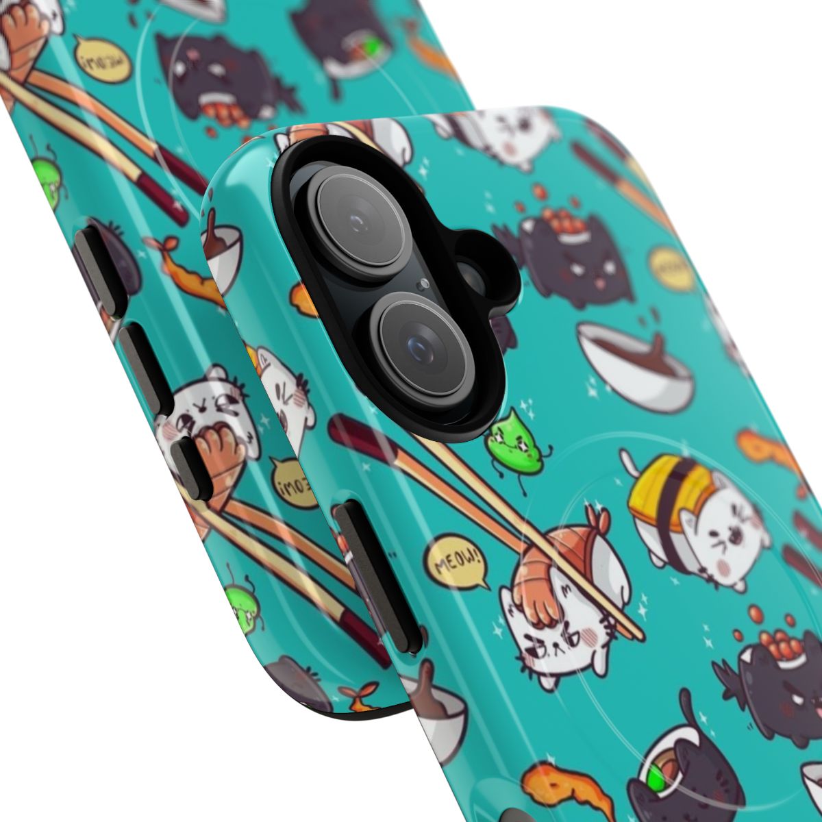 Vibrant and playful phone case featuring illustrated sushi cats in a kawaii pattern. - Detail