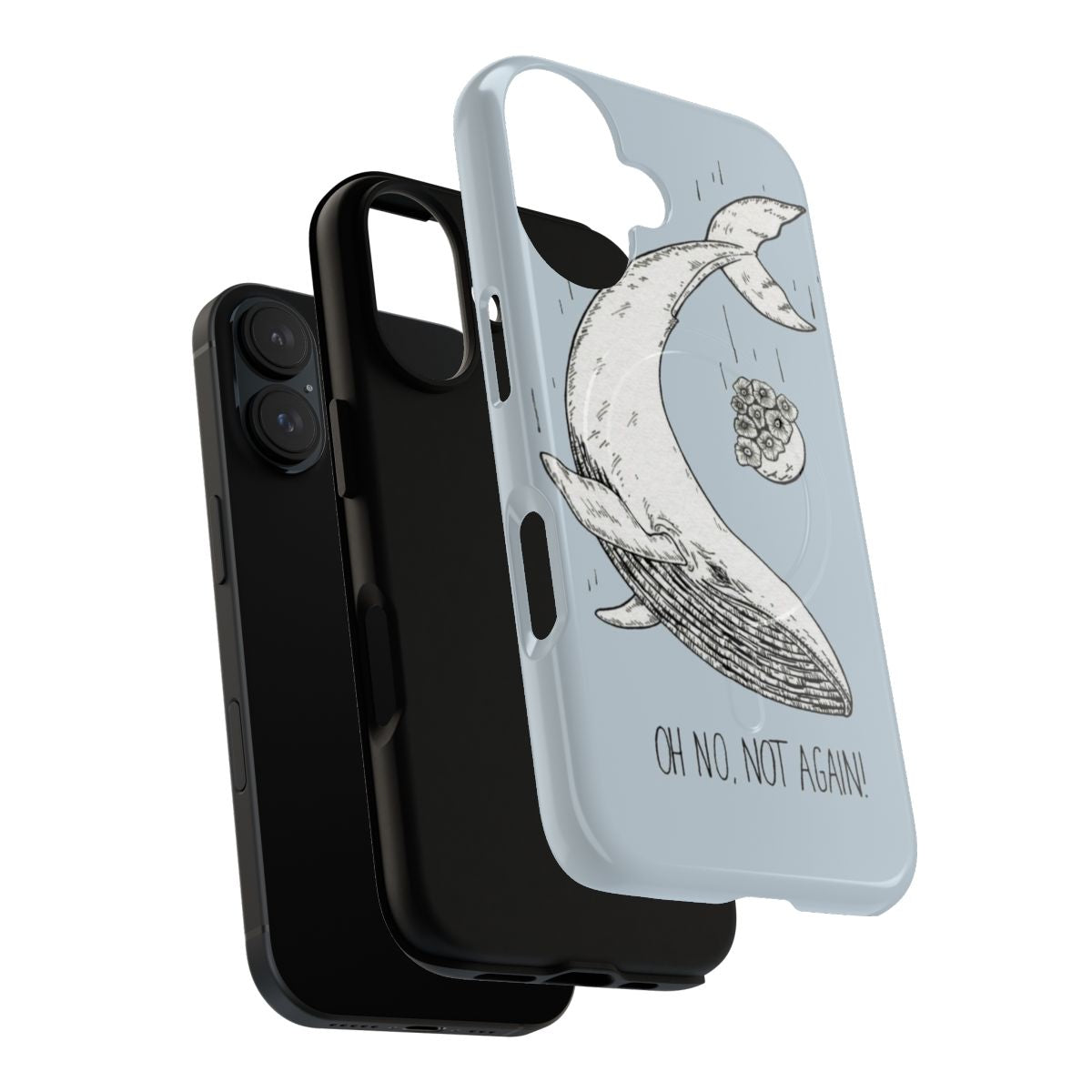 Magnetic tough phone case with hand-drawn design featuring a whale, petunias, and references to the Hitchhiker's Guide to the Galaxy. - Layers