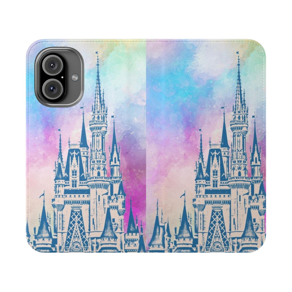 Watercolor painting of a magical castle on a flip phone case