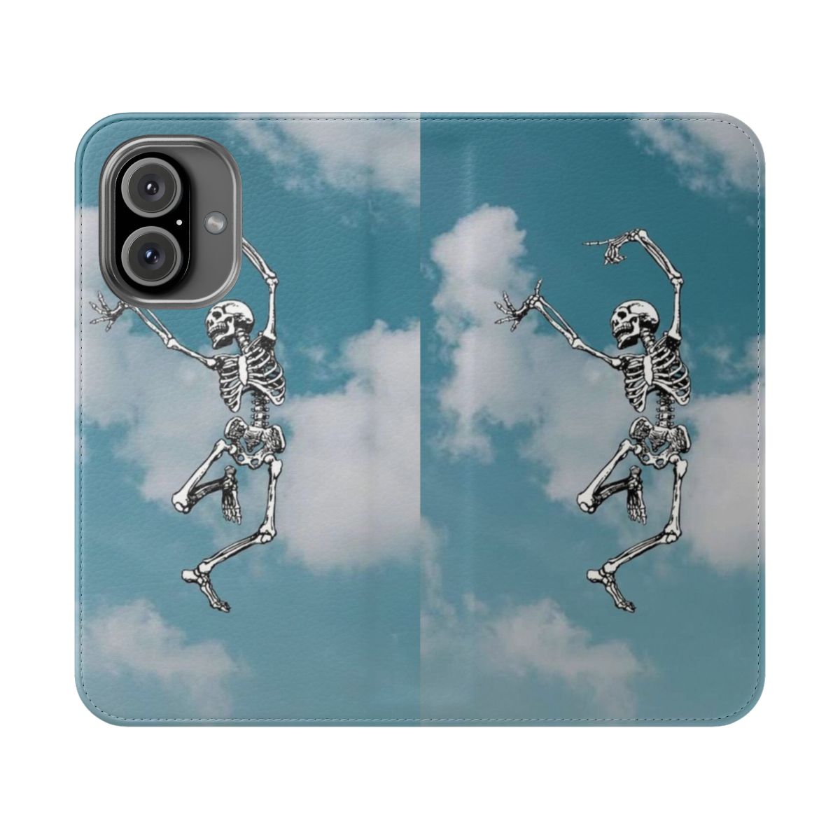 Image of a skull dancing in a beautiful blue sky on a flip phone case.