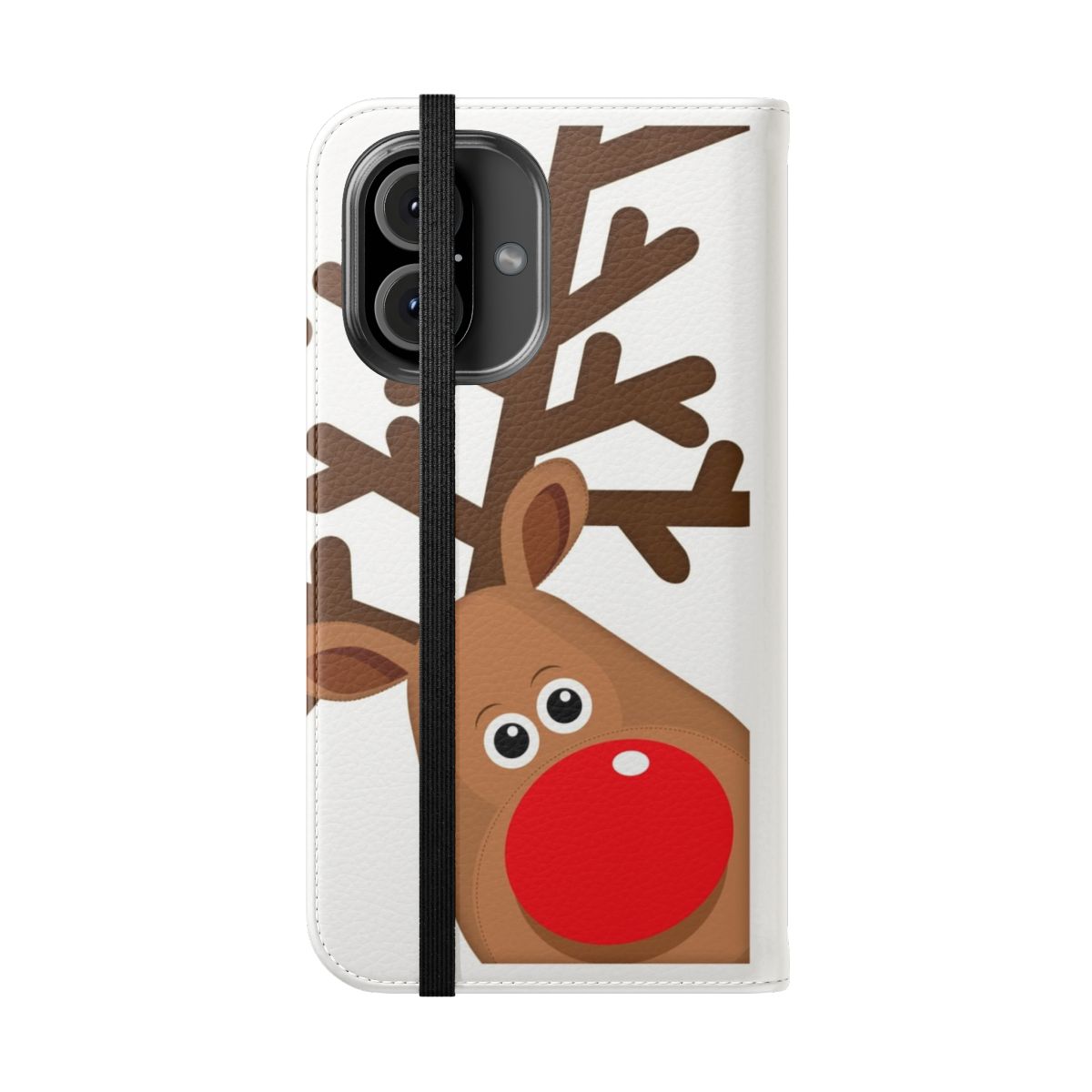 A red-nosed reindeer-themed flip phone case with a fun, cheeky design. - Folded Front