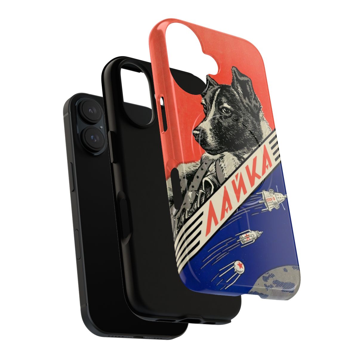 Magnetic phone case featuring vintage Soviet space exploration art with Laika the space dog. - Layers