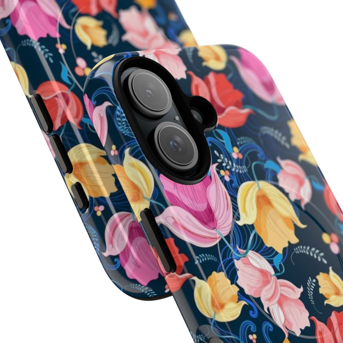 Vibrant floral pattern phone case featuring tulips and other flowers - Detail