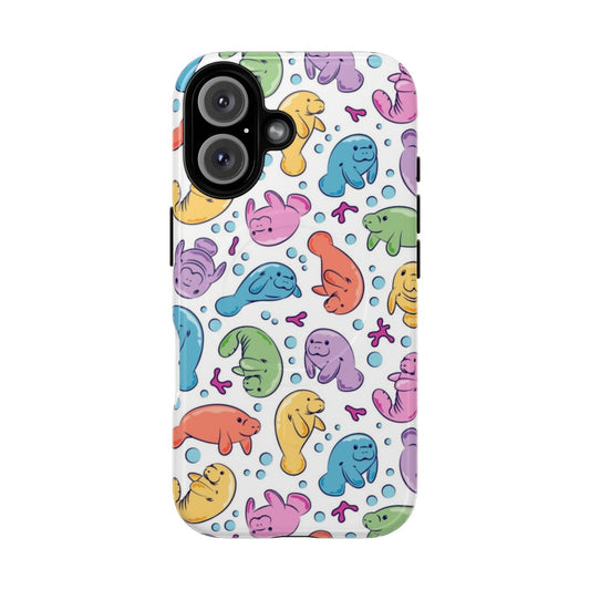 Vibrant underwater manatee pattern on a phone case with magnetic closure