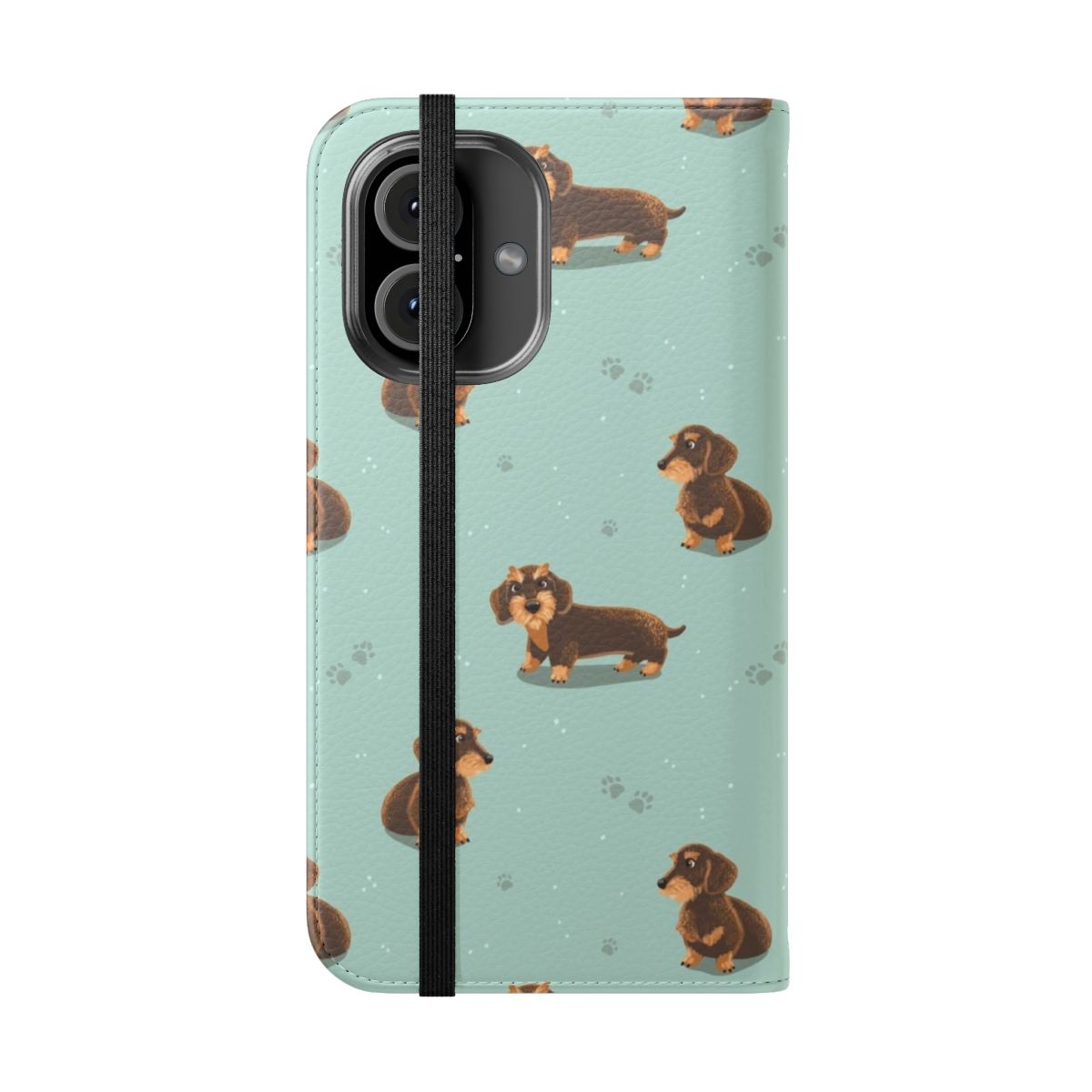 Dachshund-themed phone case with a fun, patterned design - Folded Front