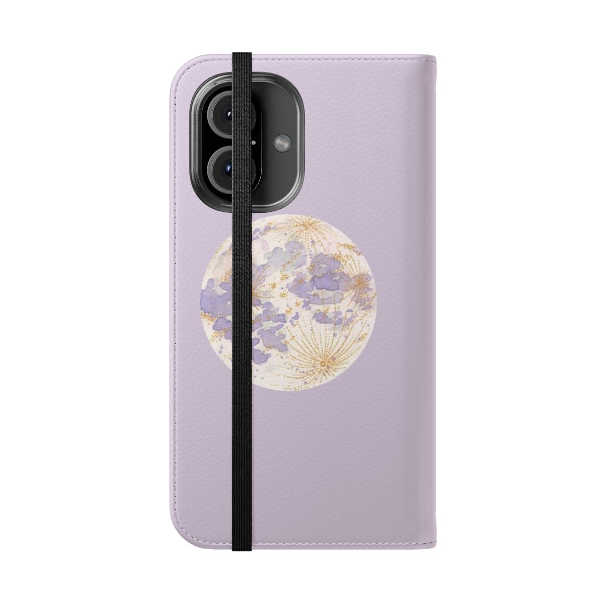 A pastel lavender phone case with a watercolor celestial moon design - Folded Front