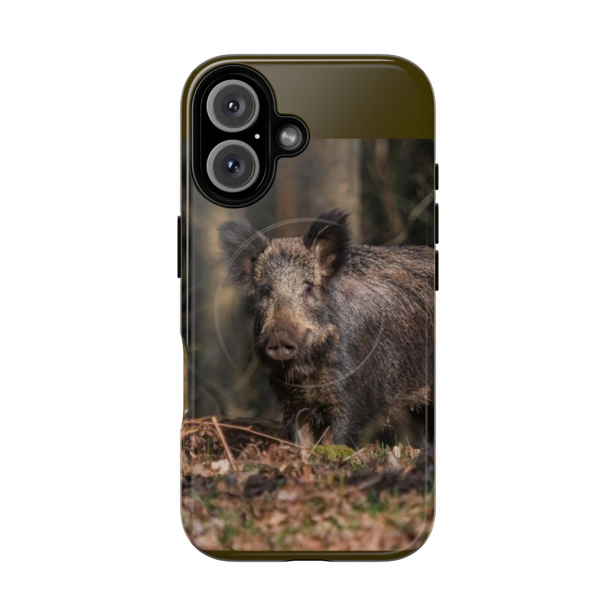 Image of a tough, magnetic phone case featuring a detailed illustration of a wild boar sow.