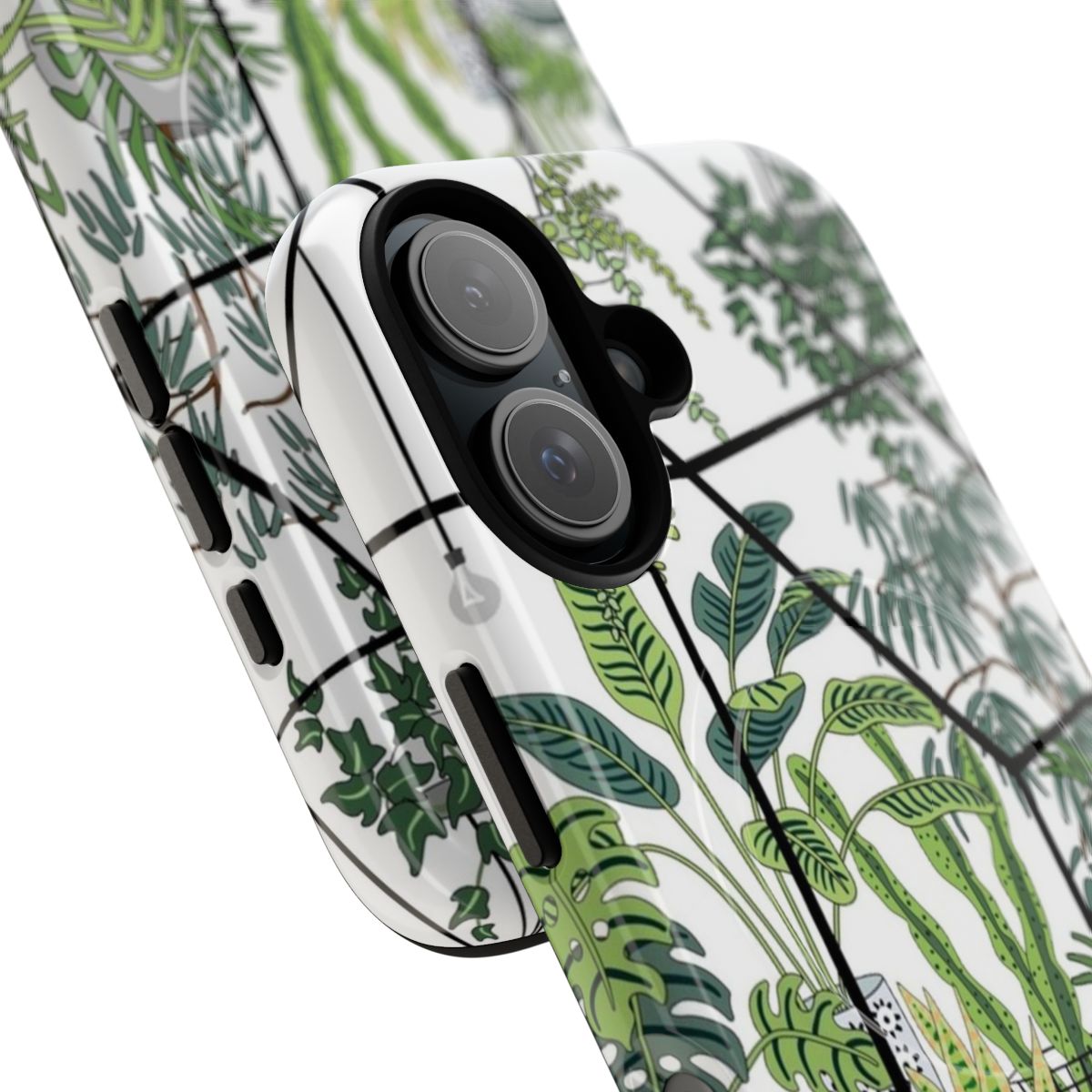 A magnetic protective phone case with a greenhouse and plant motif design. - Detail