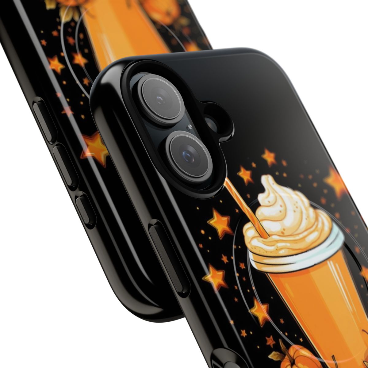 Pumpkin spice-themed phone case with a magnetic closure and durable protection - Detail