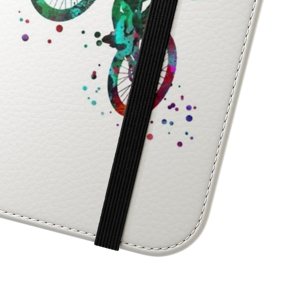 Flip cover phone case with a vibrant watercolor mountain biking design - Close Up