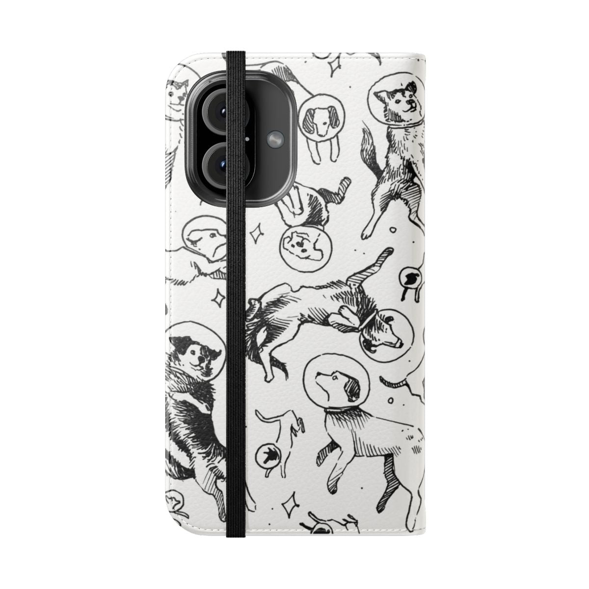 A phone case featuring a playful design of a dog in a space-themed pattern. - Folded Front