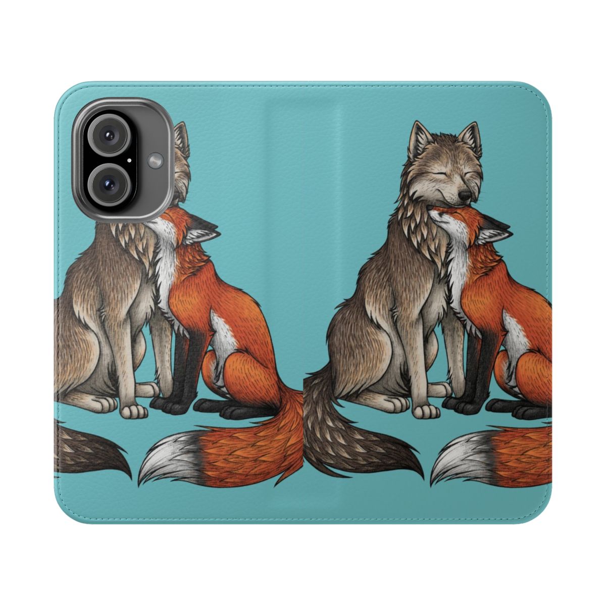 Artistic wildlife phone case cover featuring a cute wolf and fox couple in a nature design