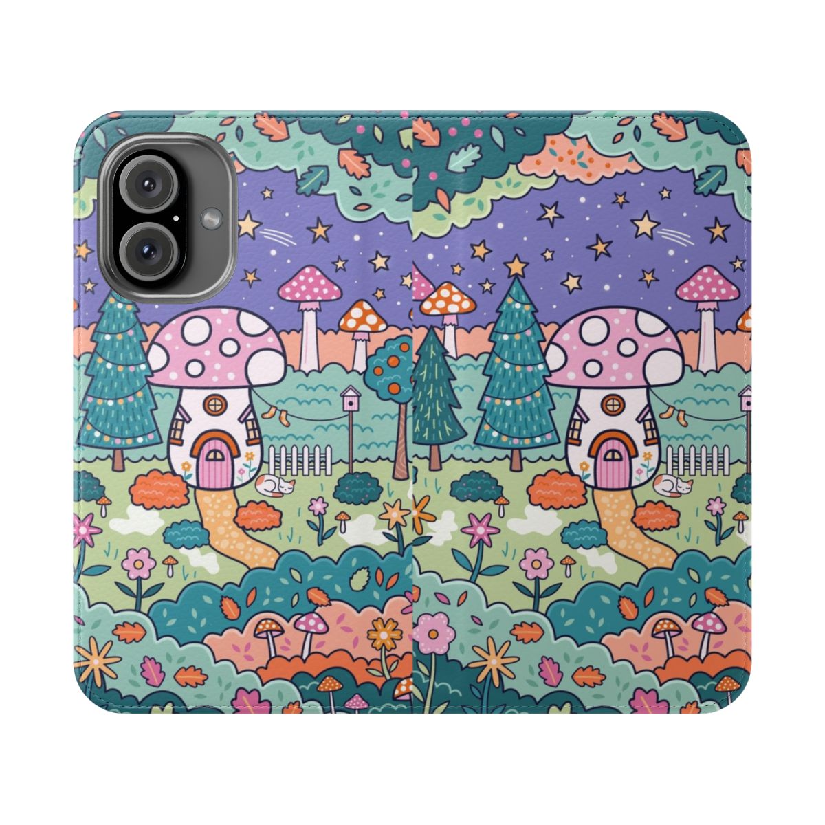 A whimsical flip phone case featuring a mushroom cottage design with stars, trees, and a cozy woodland scene.