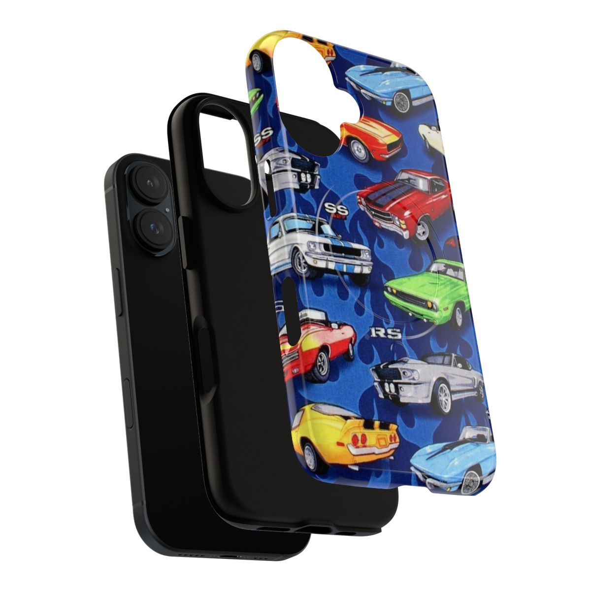 Vibrant muscle car pattern phone case with classic car silhouettes on a blue background - Layers