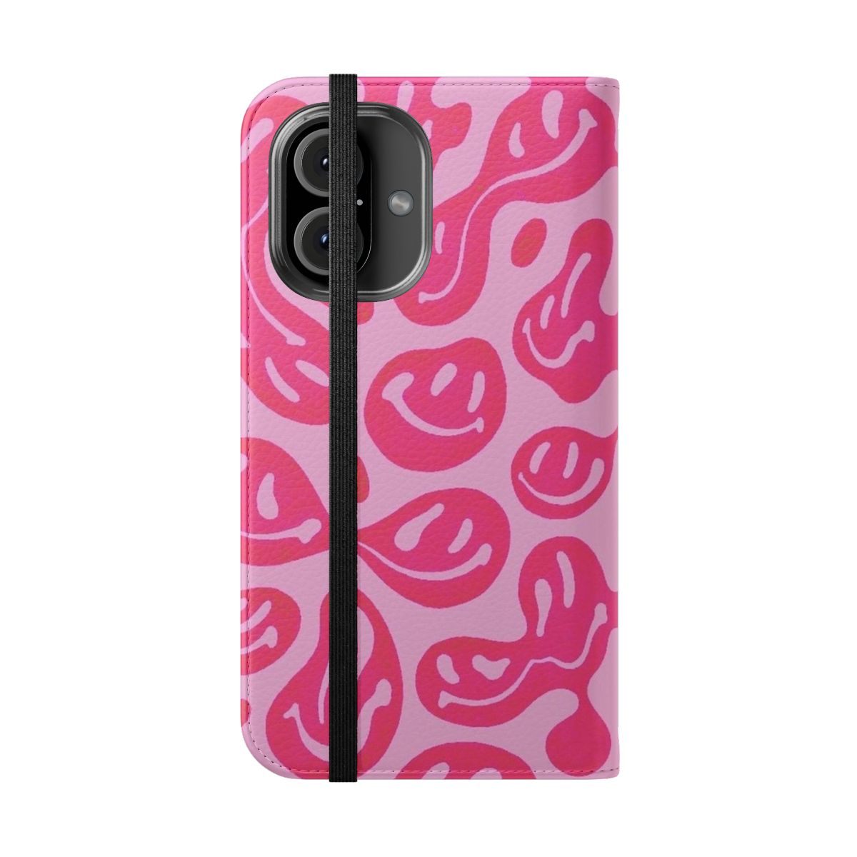 Vibrant hot pink phone case with a psychedelic melted smiley face pattern - Folded Front