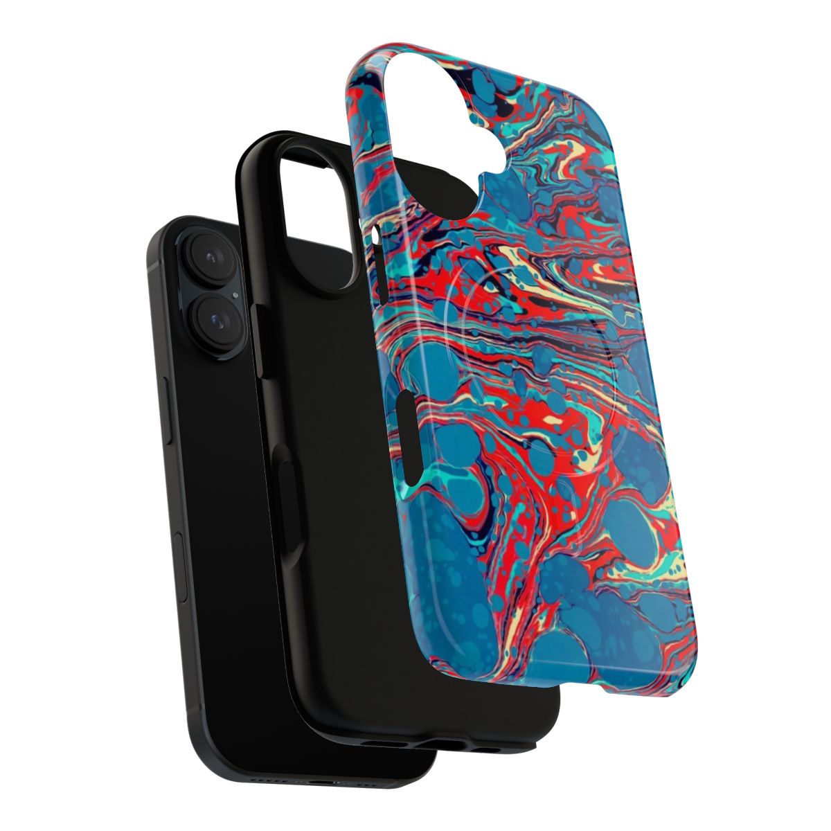 Psychedelic blue and red marbled phone case with an abstract, artistic design. - Layers