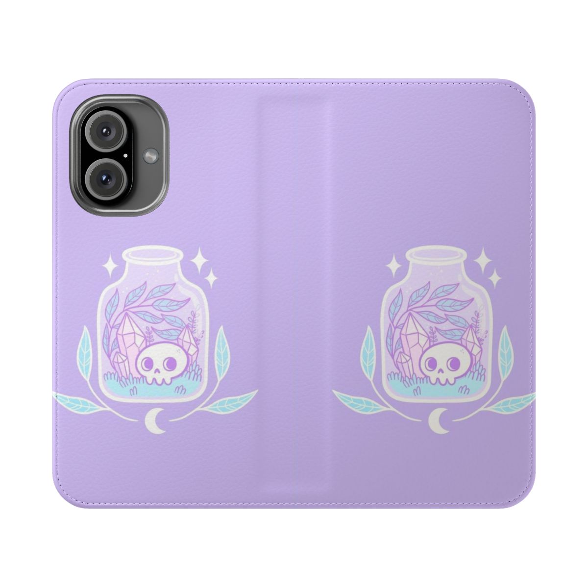 Pastel terrarium-themed flip phone case with crystals, moon, and skull design