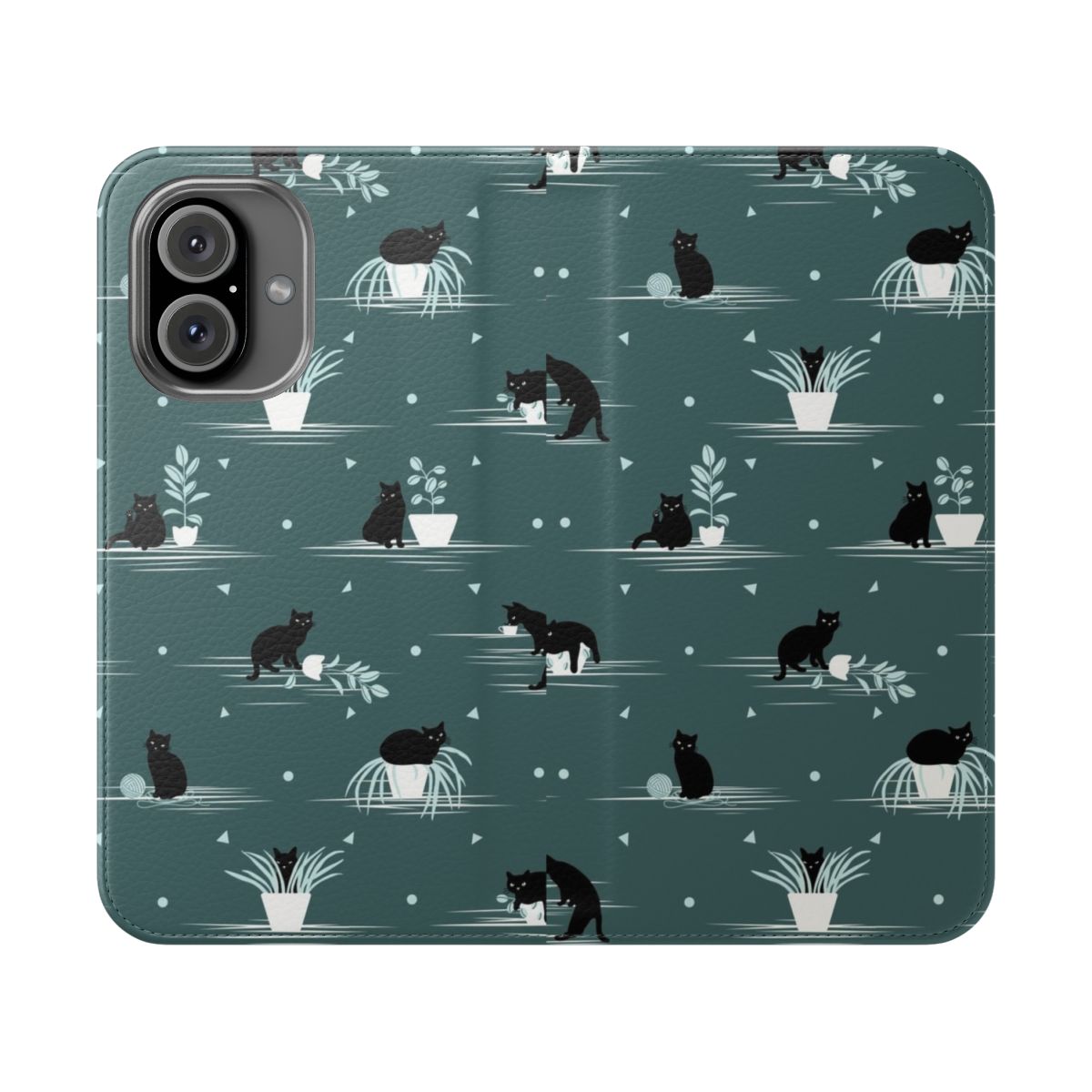 Green and black phone case with a cartoon black cat pattern, perfect for cat owners and enthusiasts.