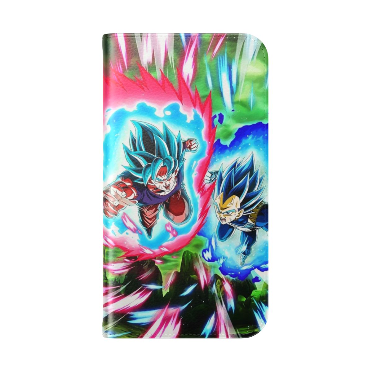 Dragon Ball Super-themed phone case featuring Goku and Vegeta in Super Saiyan Blue Kaioken Evolution - Folded Back