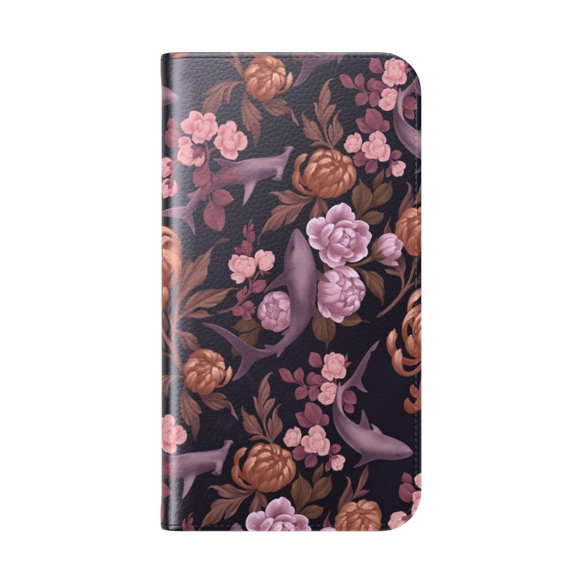 Botanical sharks floral pattern on a pink and gold phone case - Folded Back