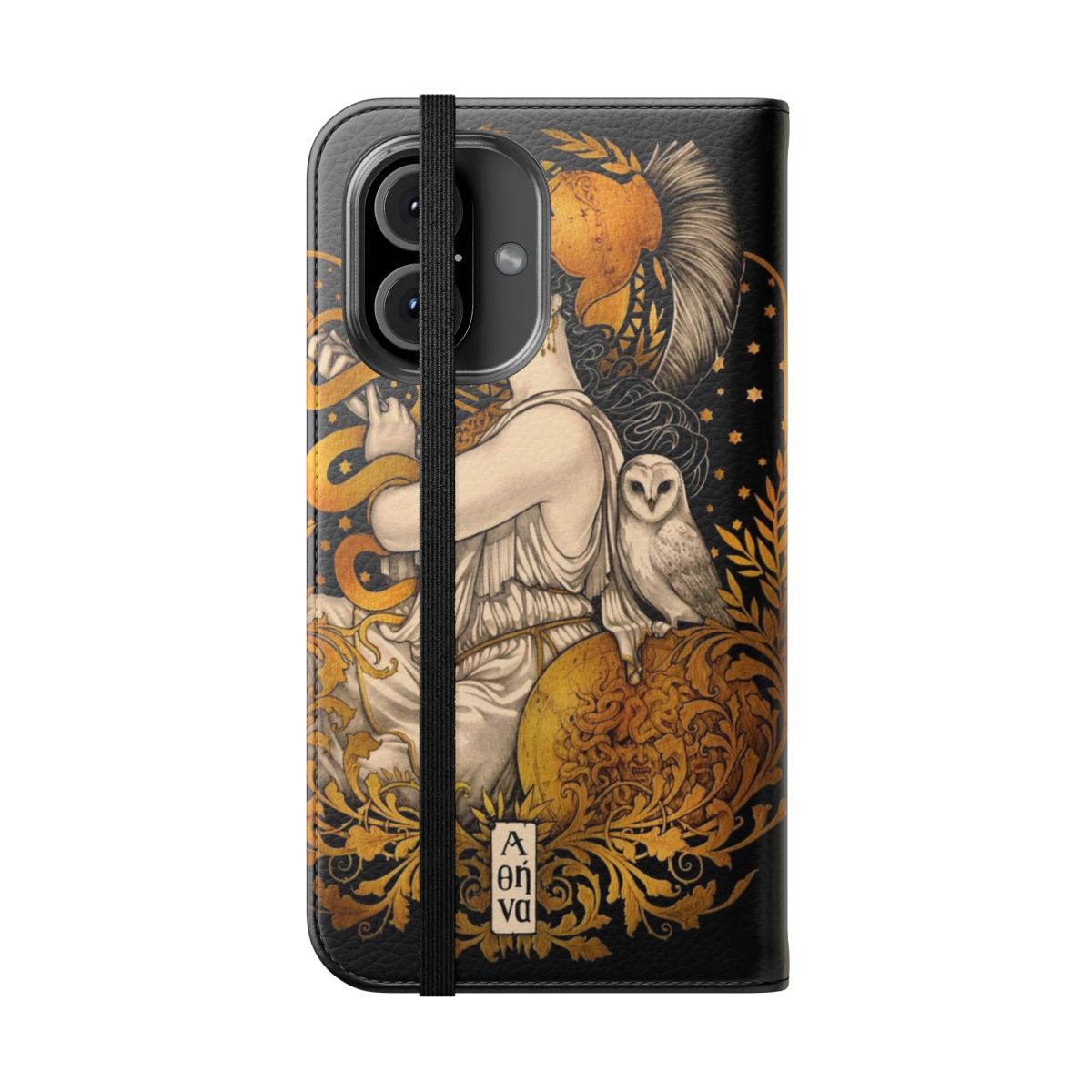 Pallas Athena-themed phone case with art nouveau design, featuring a golden owl and snake motifs - Folded Front