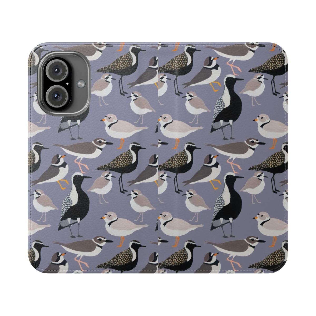 Flip cover phone case featuring a colorful illustration of various plover shorebirds in a natural beach setting.