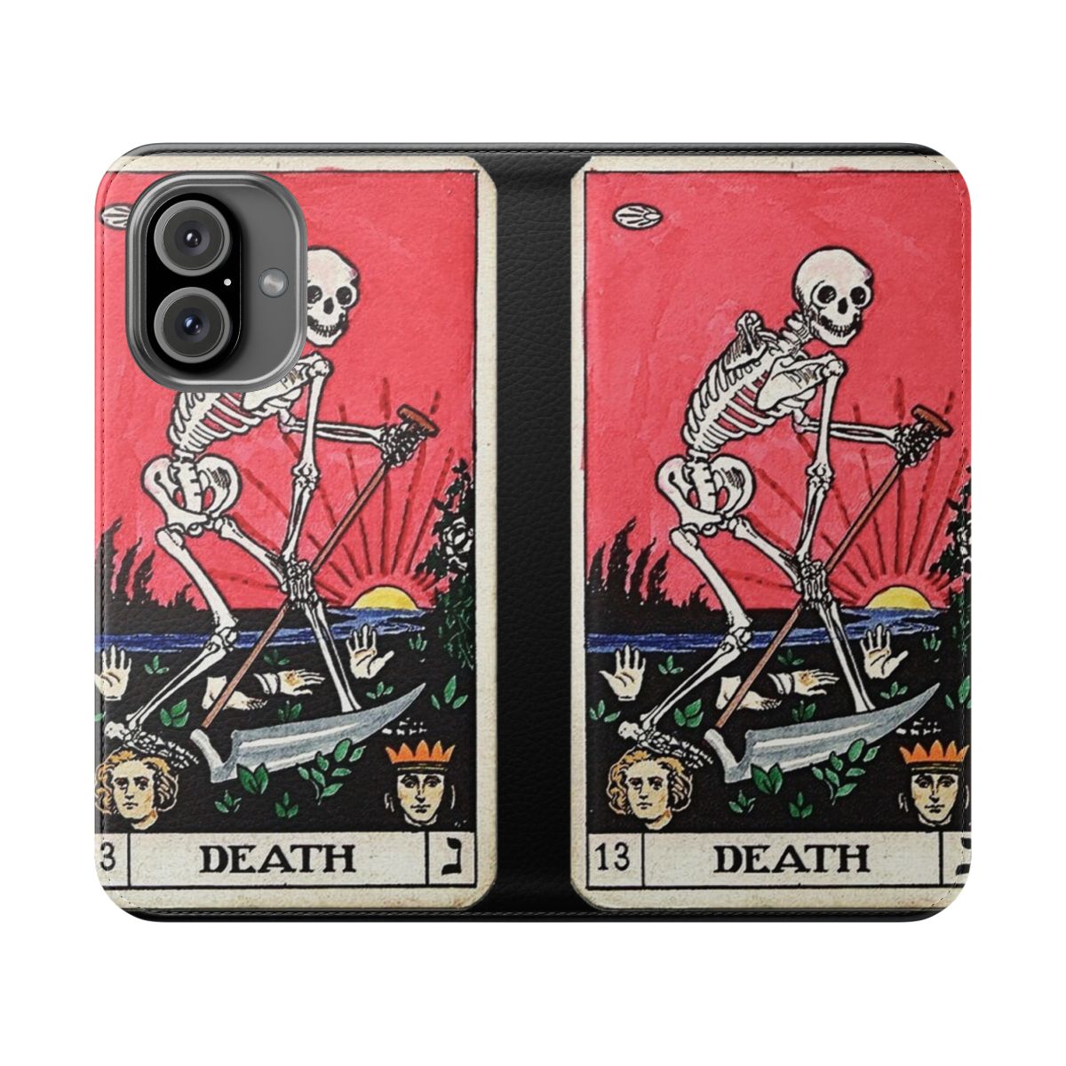 A unique phone case cover featuring the Death tarot card design with a spooky, vintage-inspired skeleton illustration.