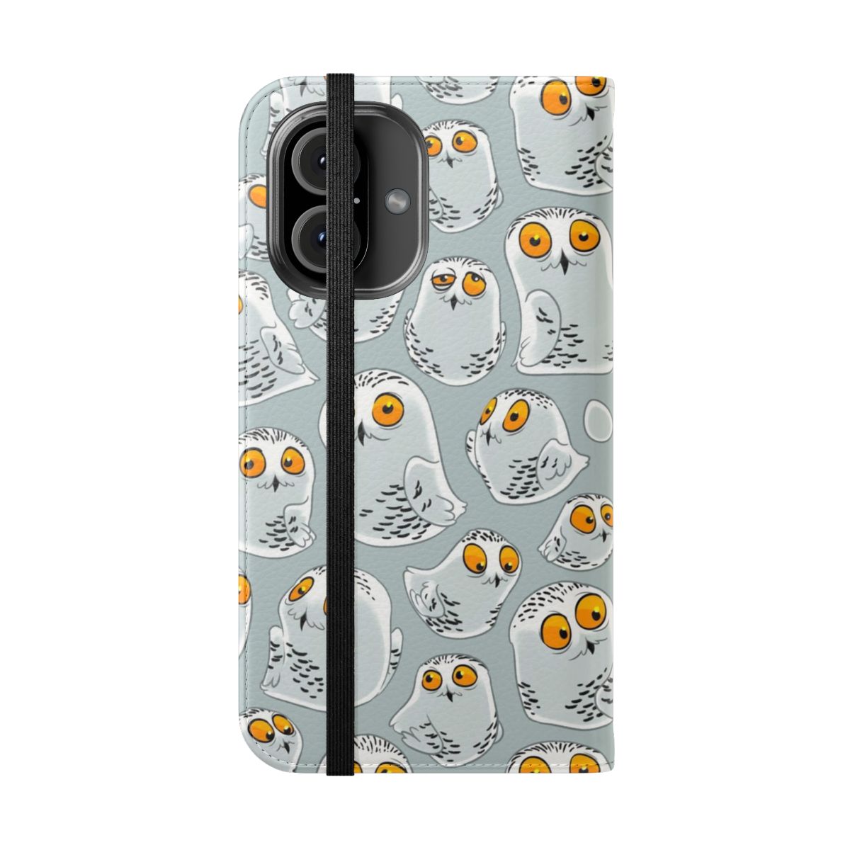 Flip phone case with a detailed snowy owl (Bubo scandiacus) design against a winter backdrop - Folded Front