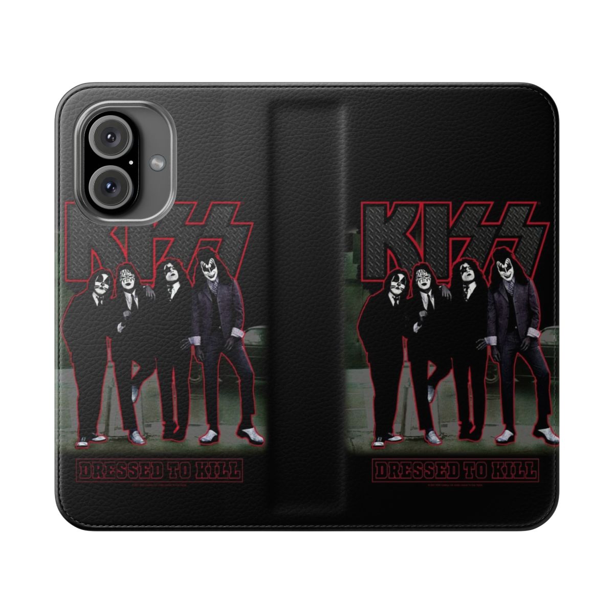 Retro flip cover phone case featuring the iconic 1970s album cover art of the classic rock band KISS