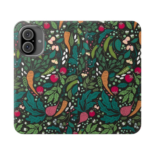 Flip cover phone case featuring a vibrant, hand-drawn pattern of organic farm-fresh vegetables