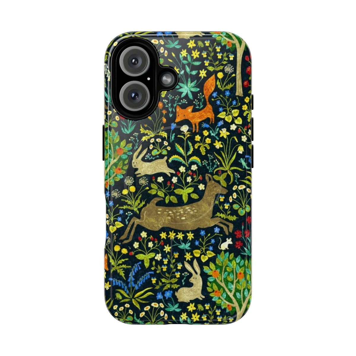 Magnetic phone case featuring a detailed medieval design with animals such as hares, rabbits, and deer in a forest setting.