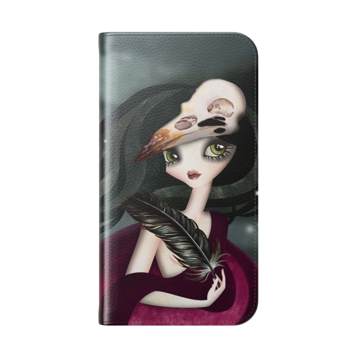 A gothic-themed flip phone case with an enchantress, raven, and skull design - Folded Back