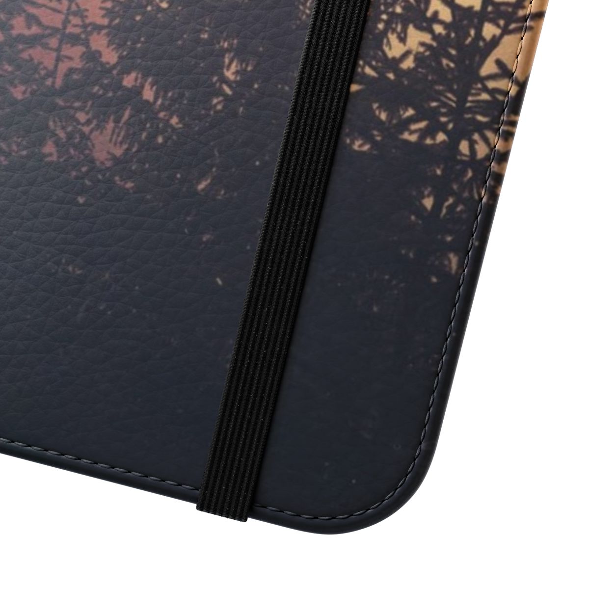 Flip cover phone case featuring a romantic forest scene with trees, sunset, and warm sunlight - Close Up