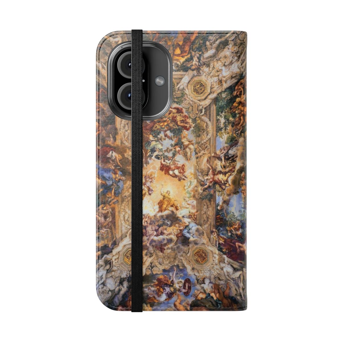 Flip cover phone case with a renaissance-style painting of gods, angels, and mythological figures - Folded Front