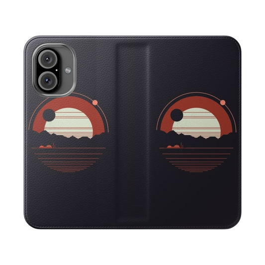 Minimalist phone case with space, planet, and astronaut graphic design