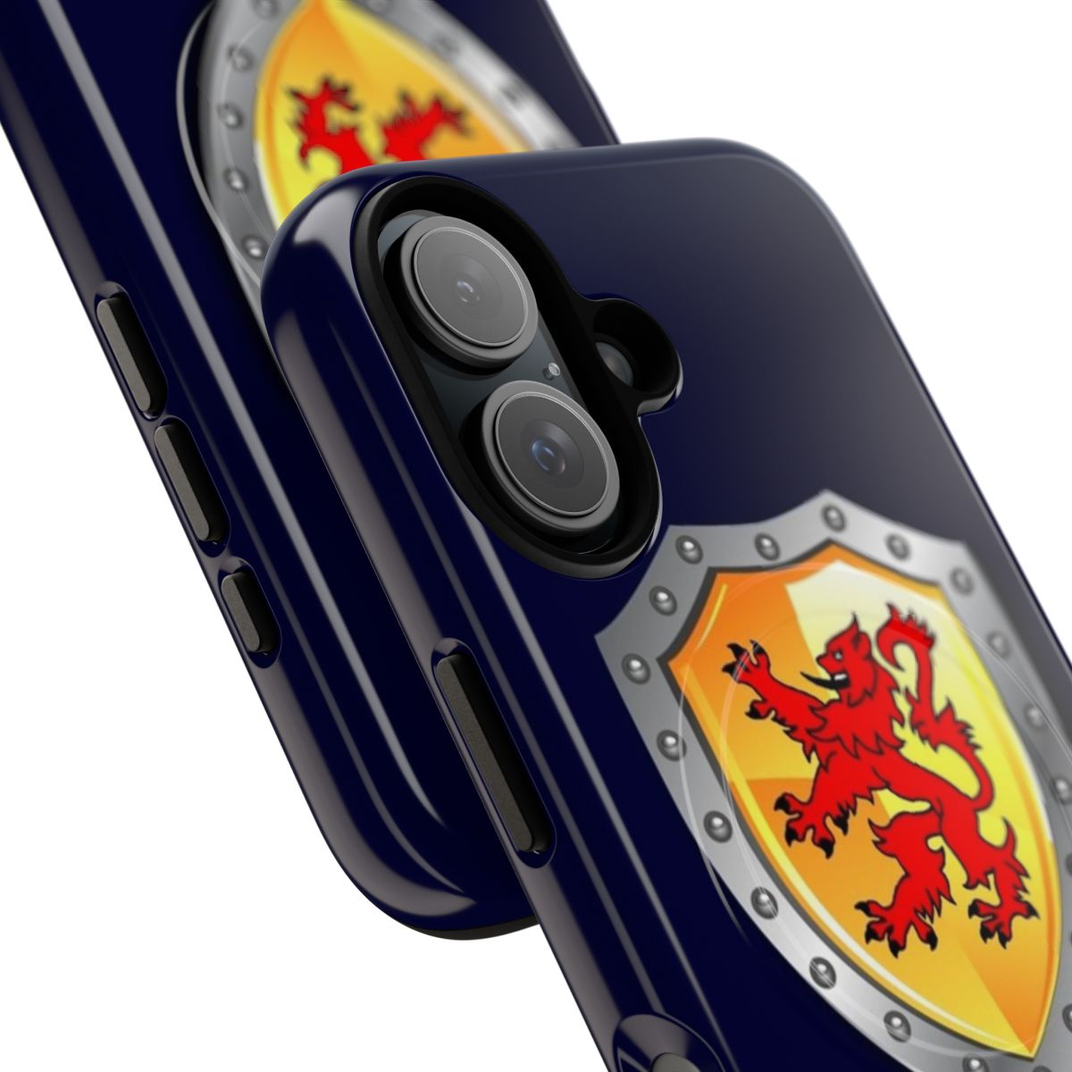 A vibrant and artistic phone case featuring the iconic Scottish lion rampant shield design. - Detail