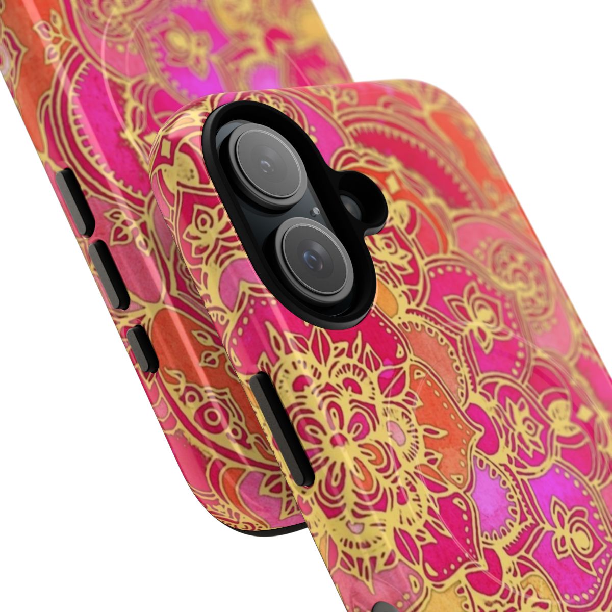 Vibrant hot pink and gold floral pattern phone case with a magnetic tough design. - Detail