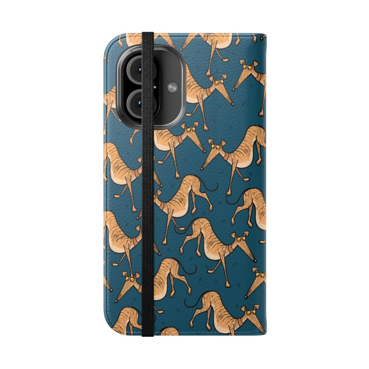 A colorful cartoon-style brindle greyhound, whippet, or lurcher dog on a flip cover phone case. - Folded Front