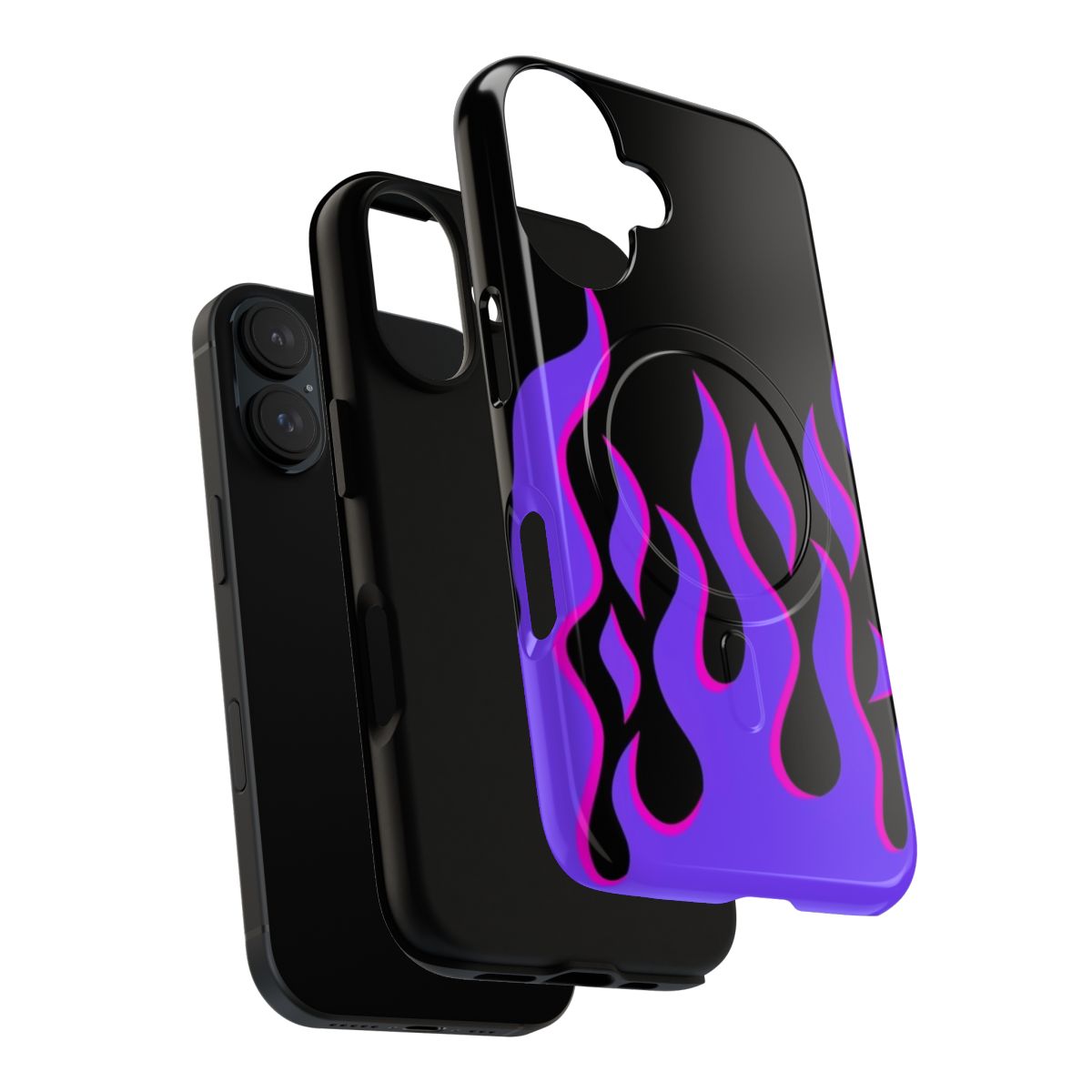 Purple and pink flames design on a durable, magnetic phone case - Layers