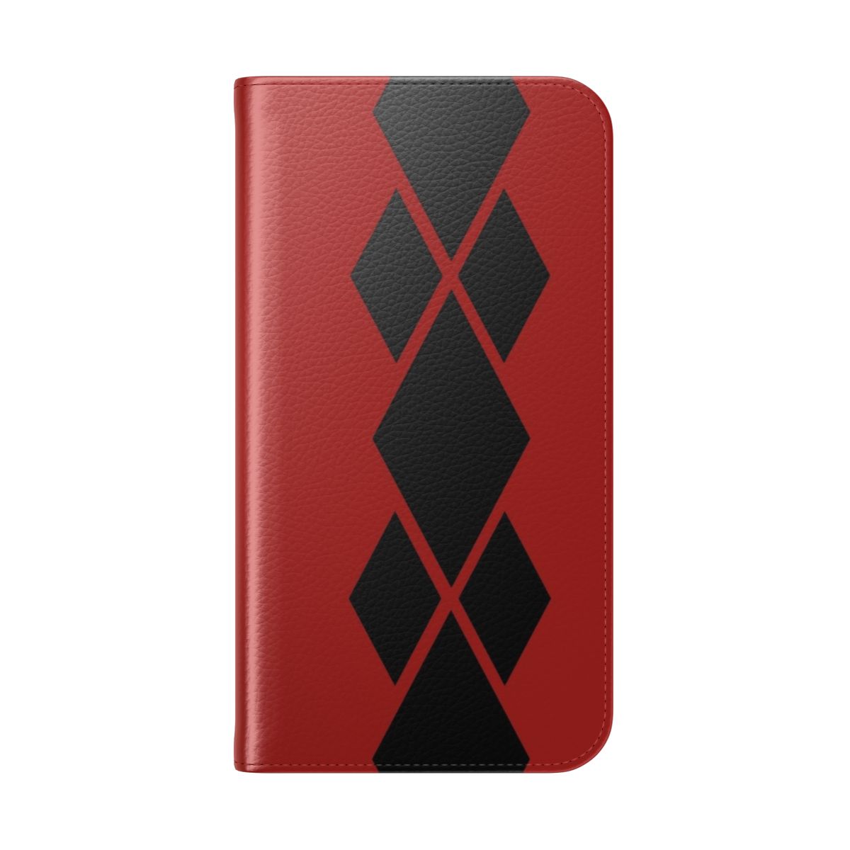 Flip cover phone case with a bold diamond pattern in black and red colors - Folded Back