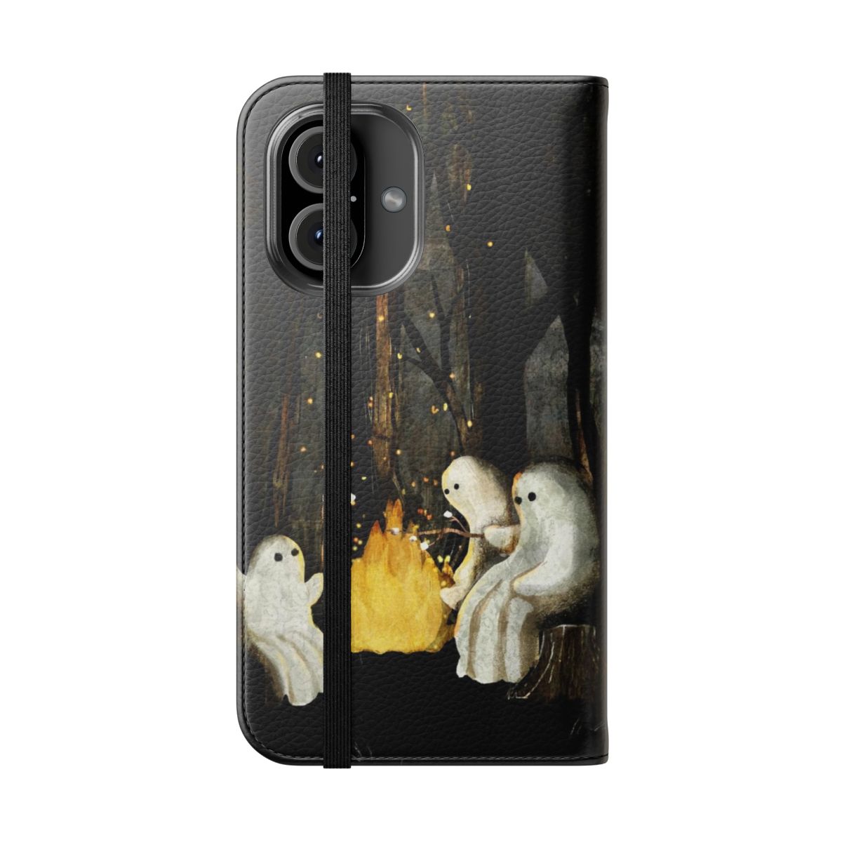 Flip cover phone case with a ghostly, marshmallow-roasting campfire design - Folded Front