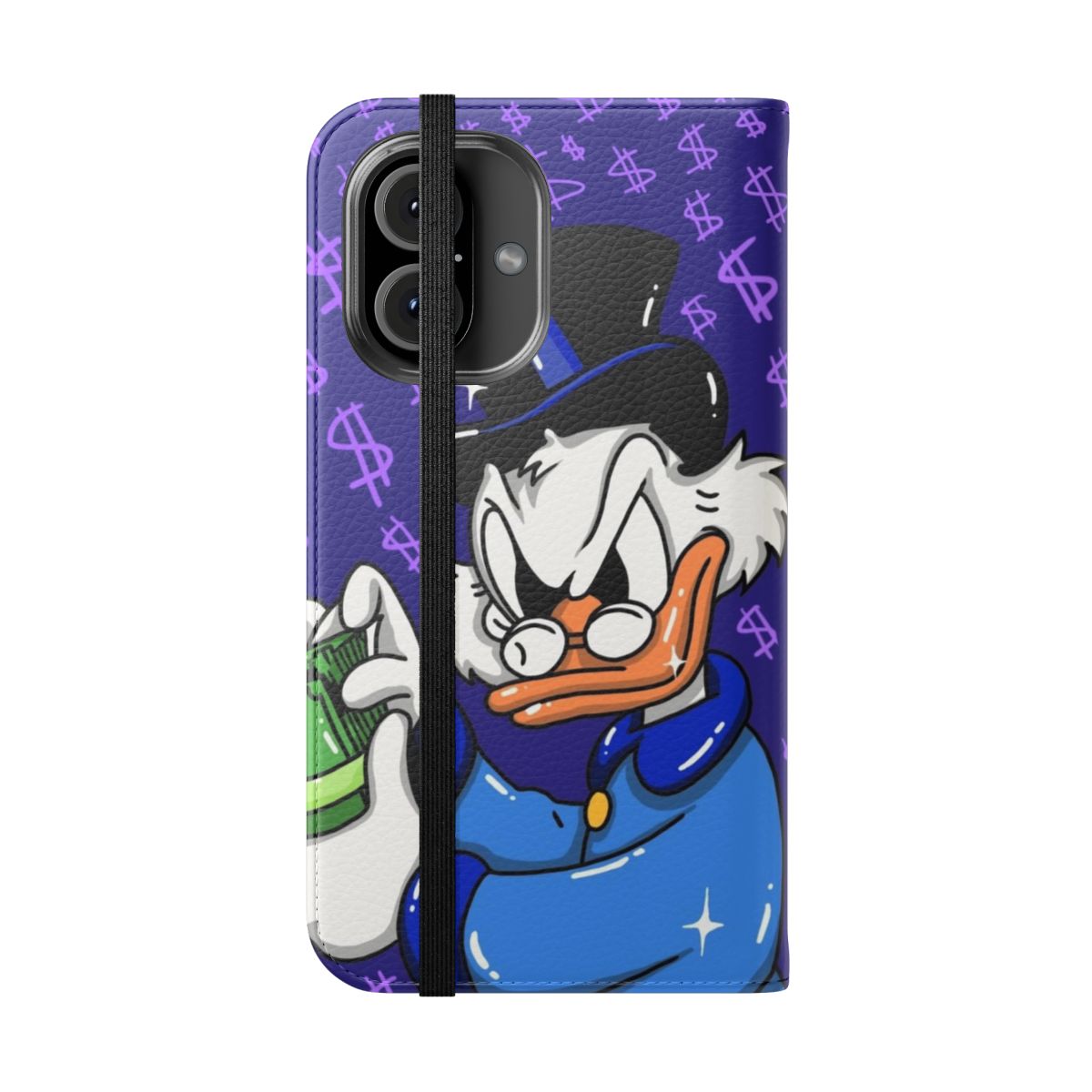 Vintage-style flip cover phone case featuring Scrooge McDuck character design by artist Eva Kiseleva - Folded Front