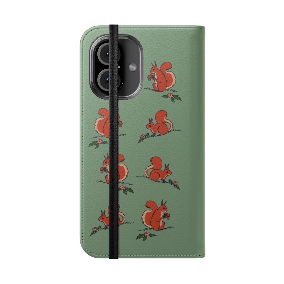 Flip cover phone case with an adorable squirrel design in a whimsical woodland setting - Folded Front