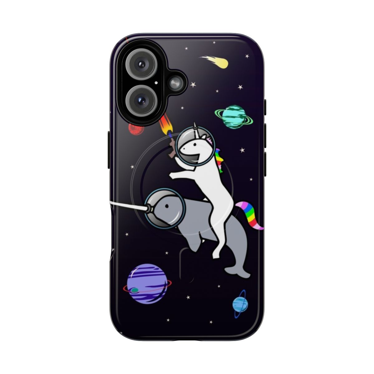 Illustrated phone case featuring a unicorn riding a narwhal in a space scene