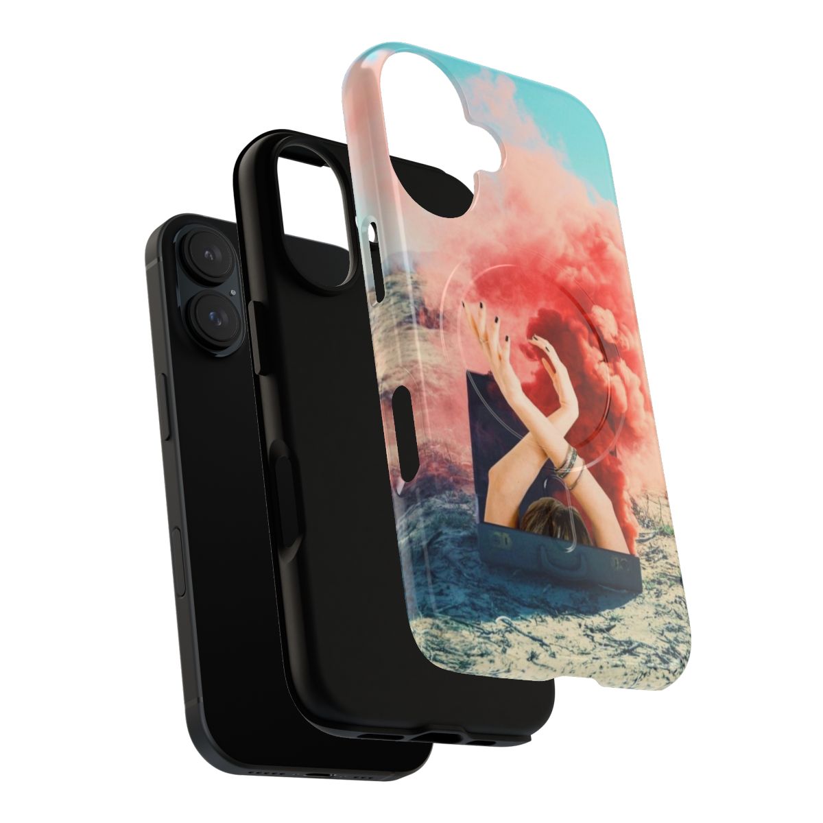 Adventurous magnetic tough phone case featuring surreal, collage-style art with bohemian, wanderlust-inspired design - Layers