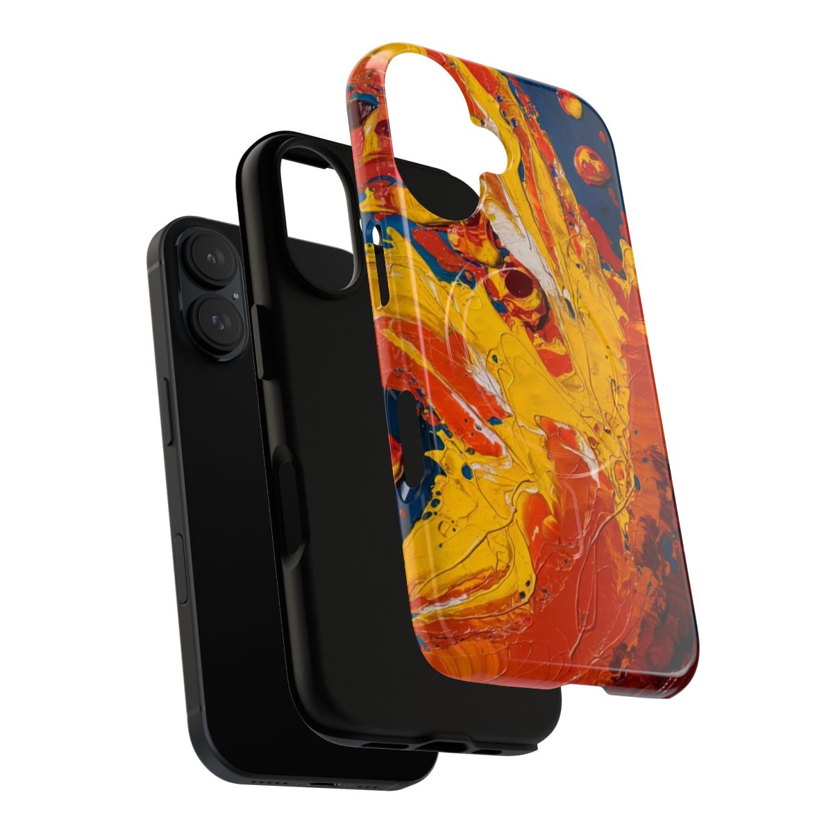 Vibrant and dynamic abstract art smartphone case featuring a fiery burst of red and yellow swirls - Layers