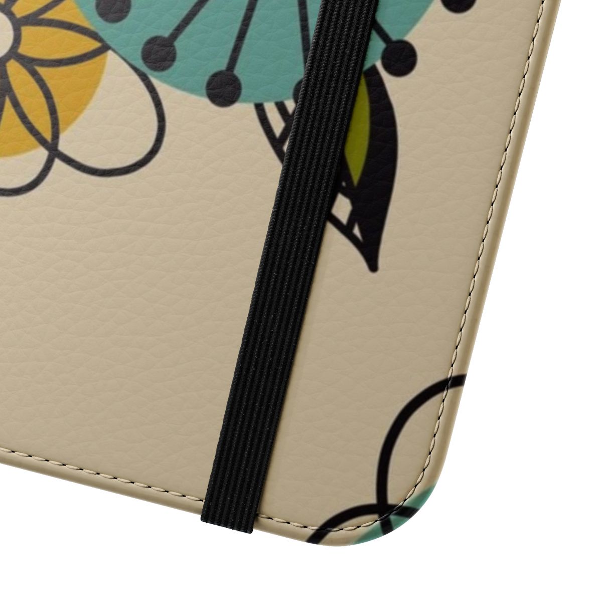 Vibrant mid century modern style floral pattern on a smartphone flip cover case. - Close Up