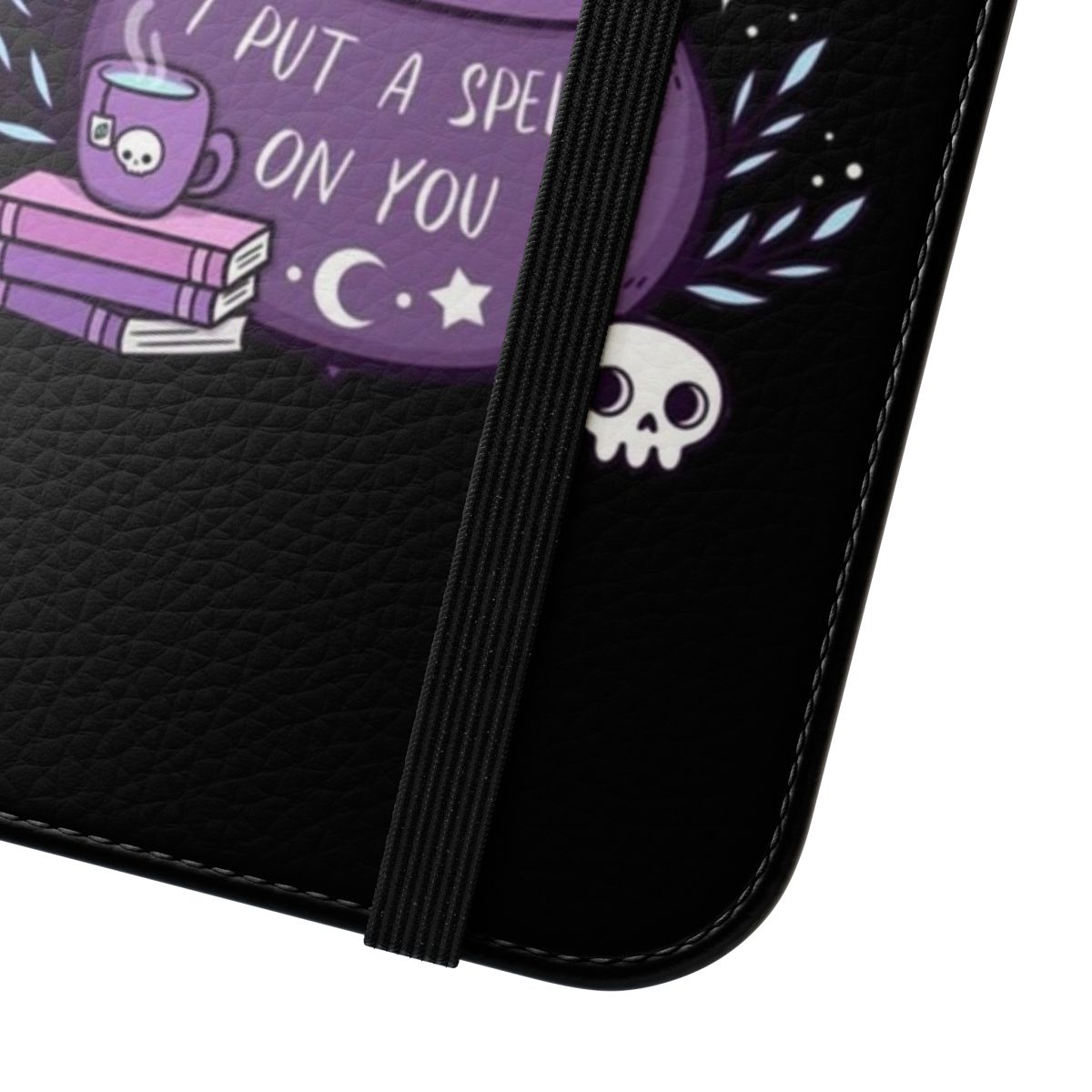 Flip cover phone case featuring a detailed cauldron illustration in a spooky, witchy style. - Close Up